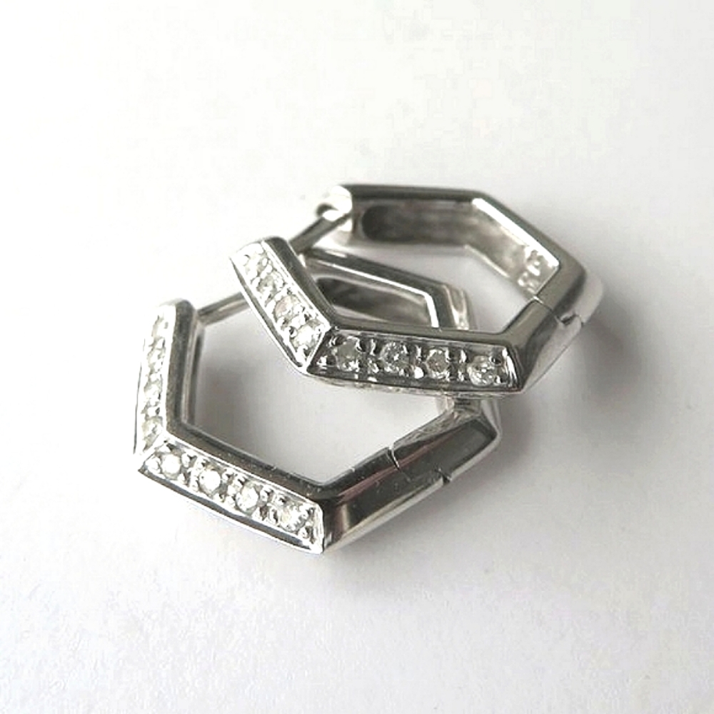 Solid 18K White Gold Diamond Hexagon Hoop Earrings